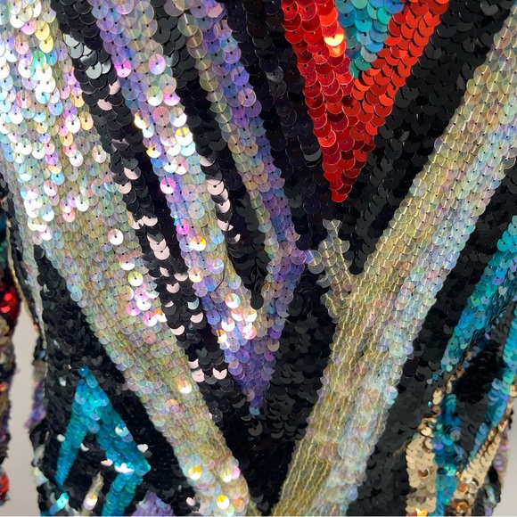 Vintage Multicolored Geometric Print Sequin Long Sleeve Blouse Peony and Phoenix - Picture 10 of 10